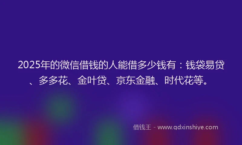 2025年的微信借钱的人能借多少钱有：钱袋易贷、多多花、金叶贷、京东金融、时代花等。