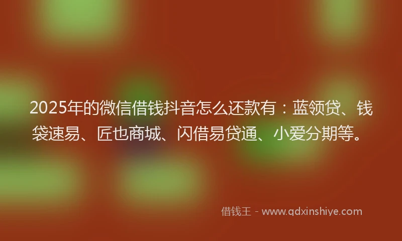 2025年的微信借钱抖音怎么还款有：蓝领贷、钱袋速易、匠也商城、闪借易贷通、小爱分期等。
