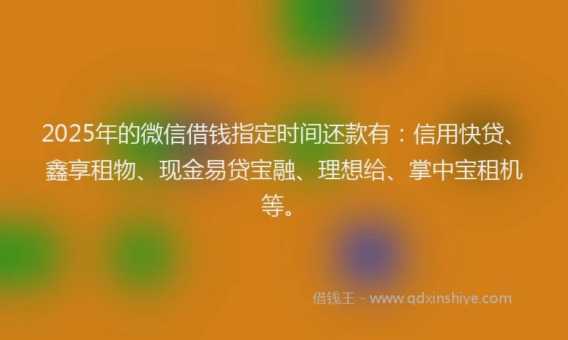 2025年的微信借钱指定时间还款有：信用快贷、鑫享租物、现金易贷宝融、理想给、掌中宝租机等。