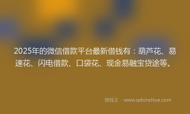 2025年的微信借款平台最新借钱有：葫芦花、易速花、闪电借款、口袋花、现金易融宝贷途等。