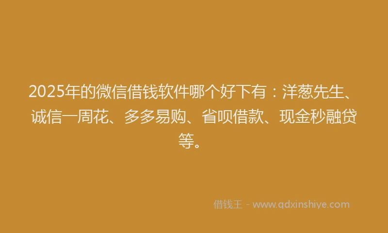 2025年的微信借钱软件哪个好下有：洋葱先生、诚信一周花、多多易购、省呗借款、现金秒融贷等。