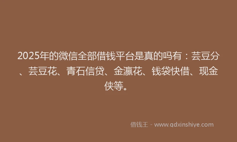 2025年的微信全部借钱平台是真的吗有：芸豆分、芸豆花、青石信贷、金瀛花、钱袋快借、现金侠等。