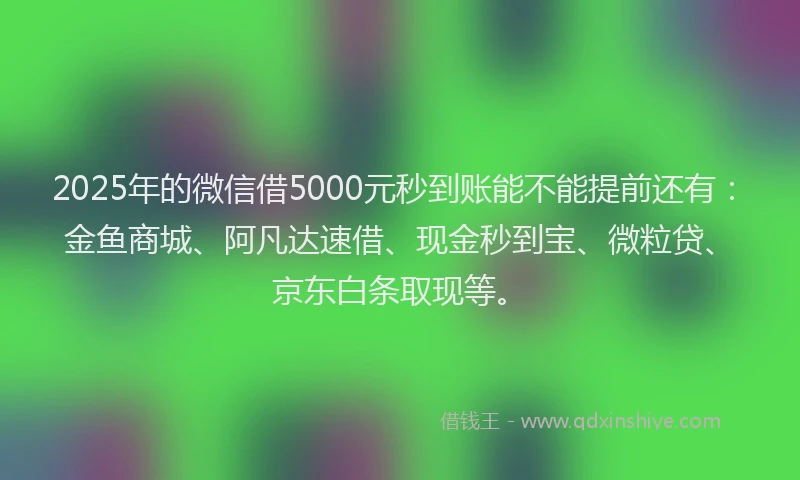 2025年的微信借5000元秒到账能不能提前还有：金鱼商城、阿凡达速借、现金秒到宝、微粒贷、京东白条取现等。