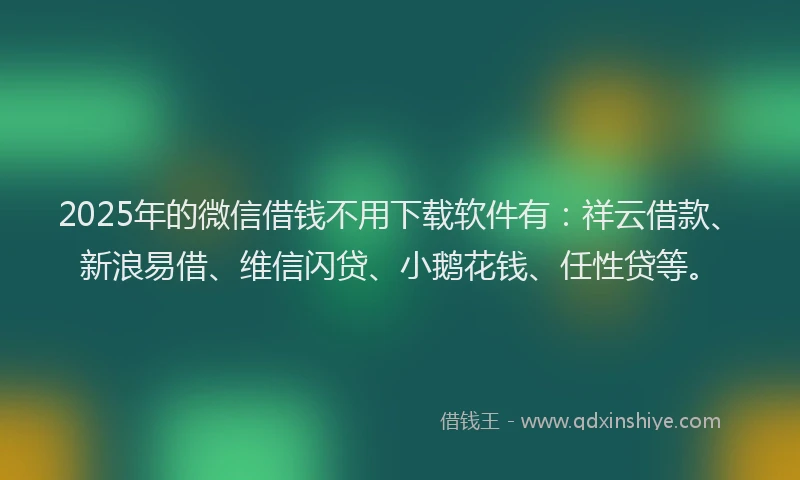 2025年的微信借钱不用下载软件有：祥云借款、新浪易借、维信闪贷、小鹅花钱、任性贷等。