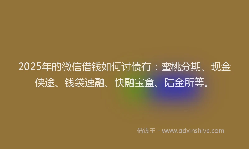 2025年的微信借钱如何讨债有：蜜桃分期、现金侠途、钱袋速融、快融宝盒、陆金所等。