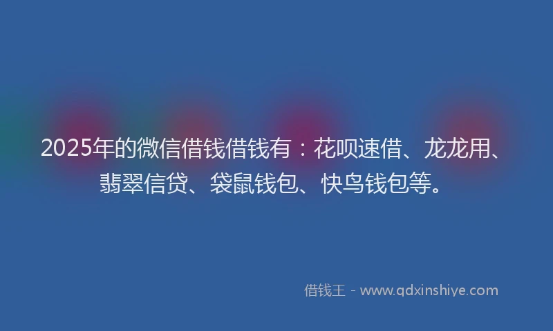 2025年的微信借钱借钱有：花呗速借、龙龙用、翡翠信贷、袋鼠钱包、快鸟钱包等。