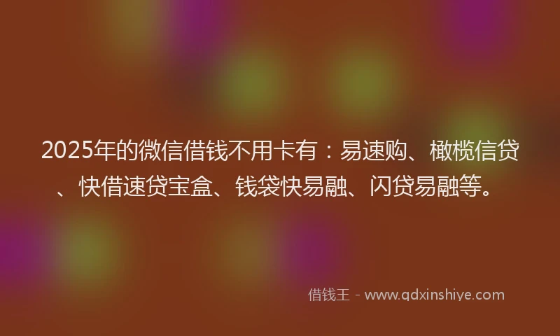 2025年的微信借钱不用卡有：易速购、橄榄信贷、快借速贷宝盒、钱袋快易融、闪贷易融等。