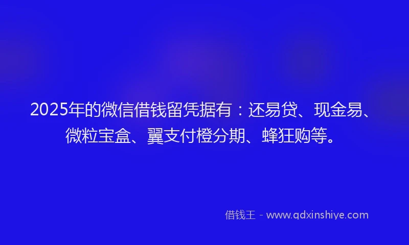 2025年的微信借钱留凭据有：还易贷、现金易、微粒宝盒、翼支付橙分期、蜂狂购等。