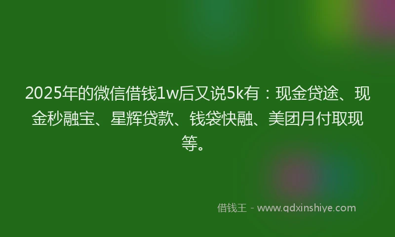 2025年的微信借钱1w后又说5k有：现金贷途、现金秒融宝、星辉贷款、钱袋快融、美团月付取现等。