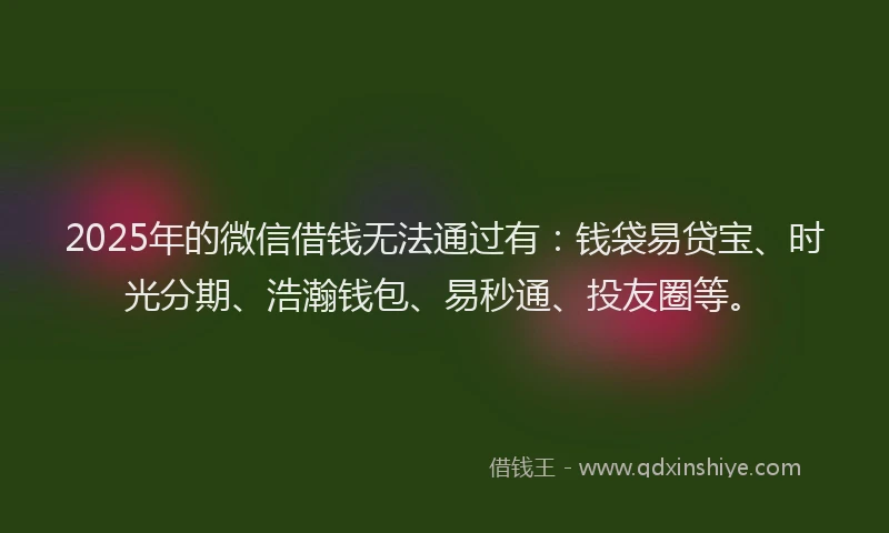 2025年的微信借钱无法通过有：钱袋易贷宝、时光分期、浩瀚钱包、易秒通、投友圈等。