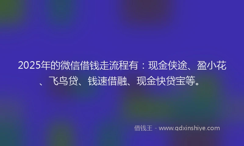 2025年的微信借钱走流程有：现金侠途、盈小花、飞鸟贷、钱速借融、现金快贷宝等。