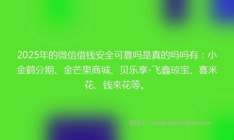 2025年的微信借钱安全可靠吗是真的吗吗有：小金鹤分期、金芒果商城、贝乐享-飞鑫琼宝、喜米花、钱来花等。