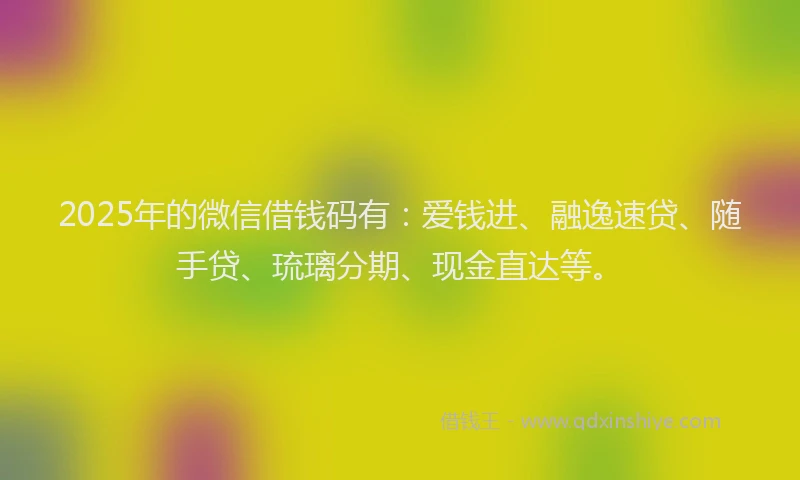 2025年的微信借钱码有：爱钱进、融逸速贷、随手贷、琉璃分期、现金直达等。