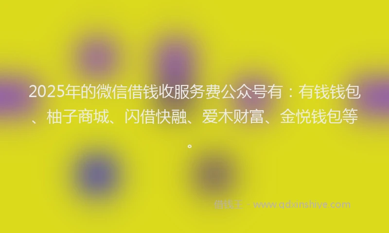 2025年的微信借钱收服务费公众号有：有钱钱包、柚子商城、闪借快融、爱木财富、金悦钱包等。