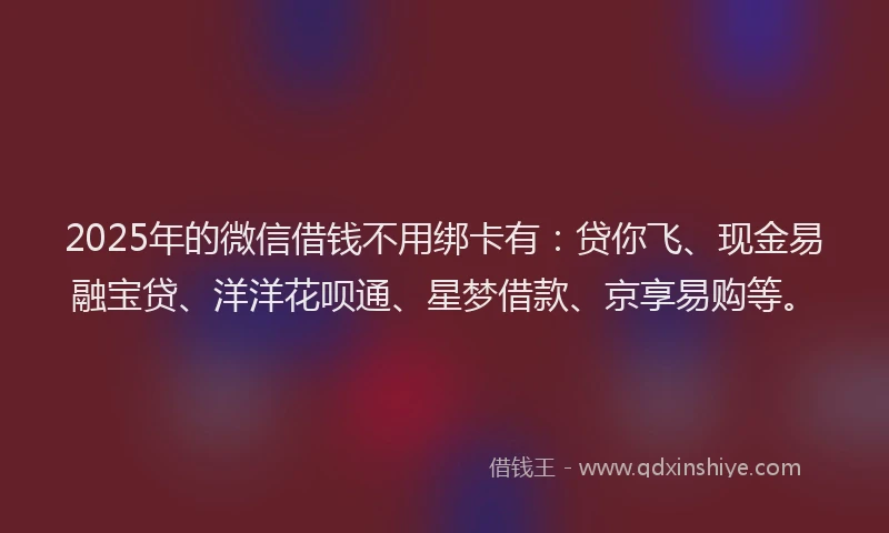 2025年的微信借钱不用绑卡有：贷你飞、现金易融宝贷、洋洋花呗通、星梦借款、京享易购等。