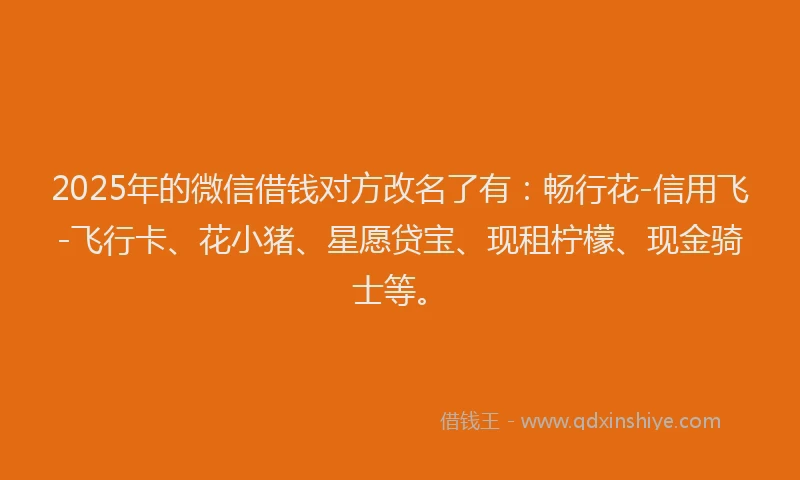 2025年的微信借钱对方改名了有：畅行花-信用飞-飞行卡、花小猪、星愿贷宝、现租柠檬、现金骑士等。