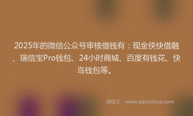 2025年的微信公众号审核借钱有：现金侠快借融、瑞信宝Pro钱包、24小时商城、百度有钱花、快鸟钱包等。