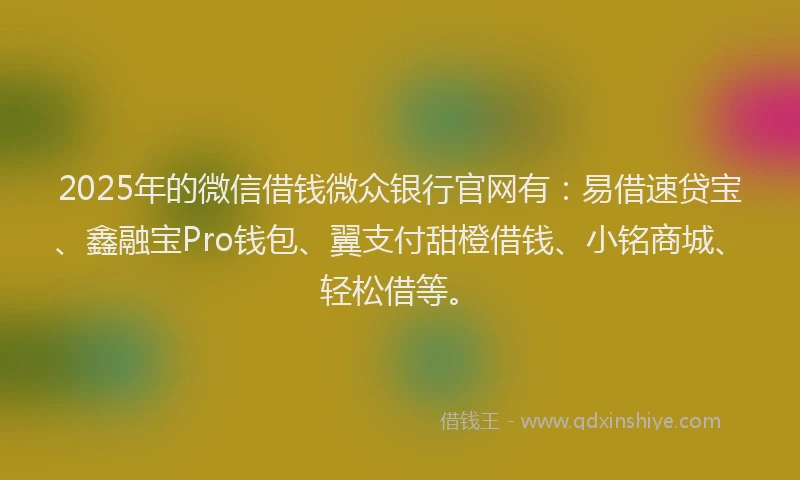 2025年的微信借钱微众银行官网有：易借速贷宝、鑫融宝Pro钱包、翼支付甜橙借钱、小铭商城、轻松借等。