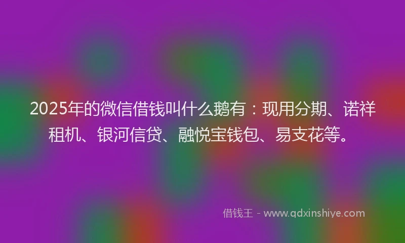 2025年的微信借钱叫什么鹅有：现用分期、诺祥租机、银河信贷、融悦宝钱包、易支花等。