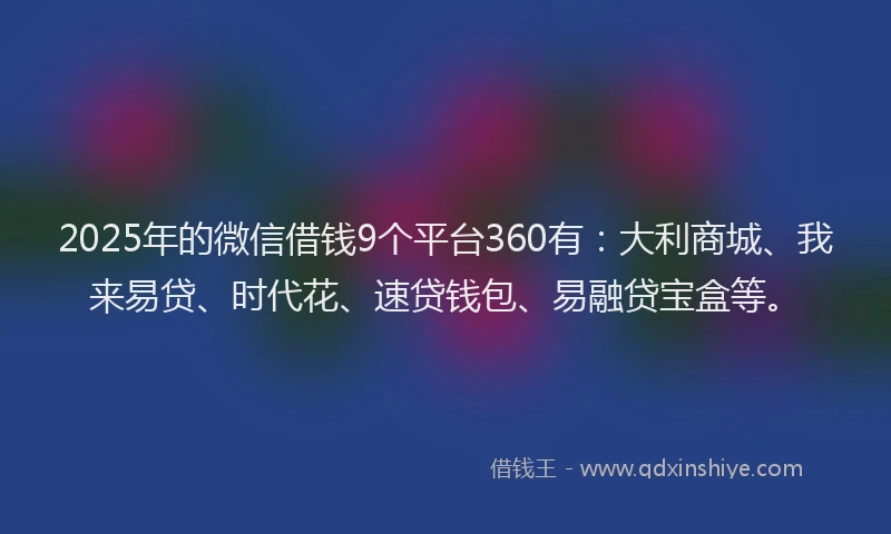 2025年的微信借钱9个平台360有：大利商城、我来易贷、时代花、速贷钱包、易融贷宝盒等。
