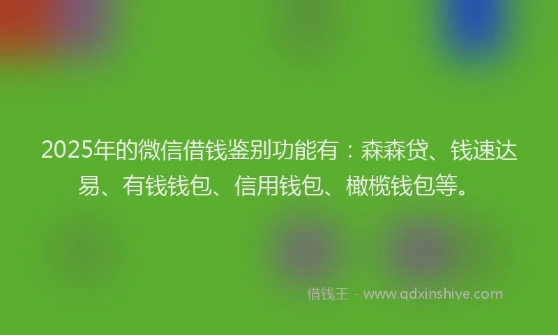 2025年的微信借钱鉴别功能有：森森贷、钱速达易、有钱钱包、信用钱包、橄榄钱包等。