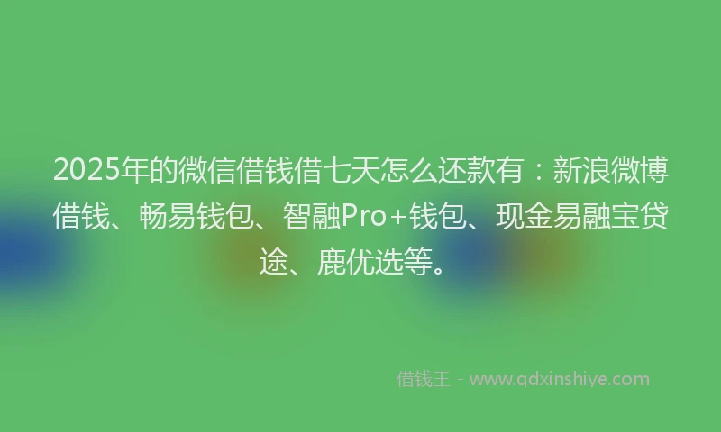 2025年的微信借钱借七天怎么还款有：新浪微博借钱、畅易钱包、智融Pro+钱包、现金易融宝贷途、鹿优选等。