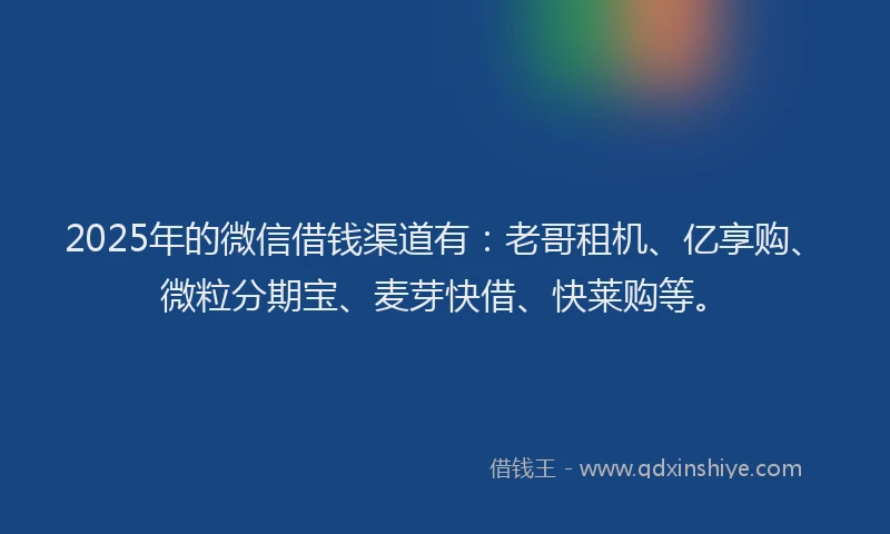 2025年的微信借钱渠道有：老哥租机、亿享购、微粒分期宝、麦芽快借、快莱购等。