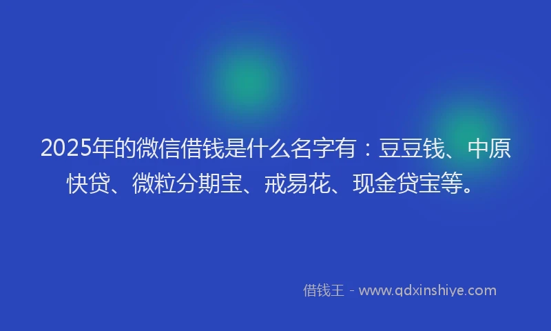 2025年的微信借钱是什么名字有：豆豆钱、中原快贷、微粒分期宝、戒易花、现金贷宝等。