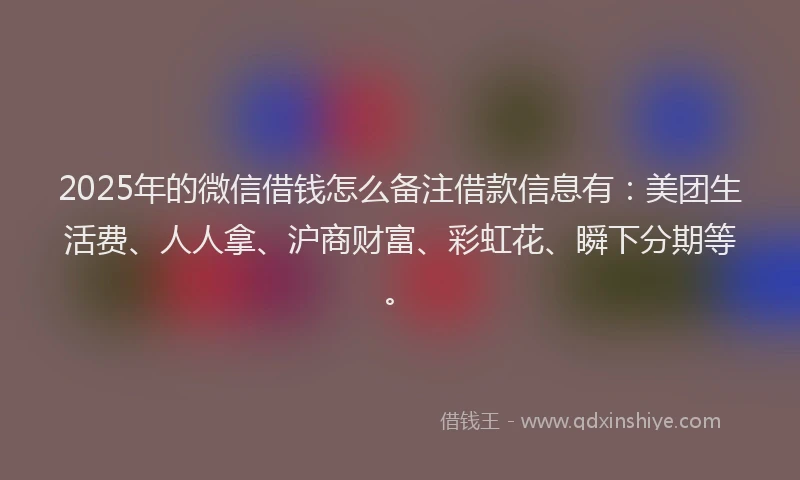 2025年的微信借钱怎么备注借款信息有：美团生活费、人人拿、沪商财富、彩虹花、瞬下分期等。