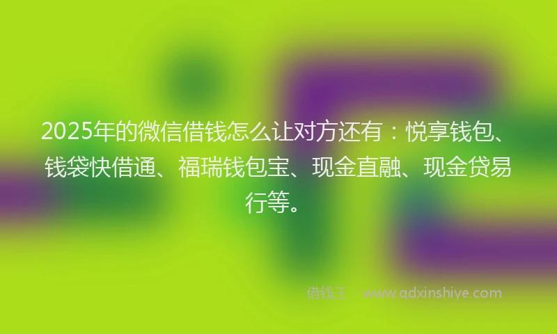 2025年的微信借钱怎么让对方还有：悦享钱包、钱袋快借通、福瑞钱包宝、现金直融、现金贷易行等。