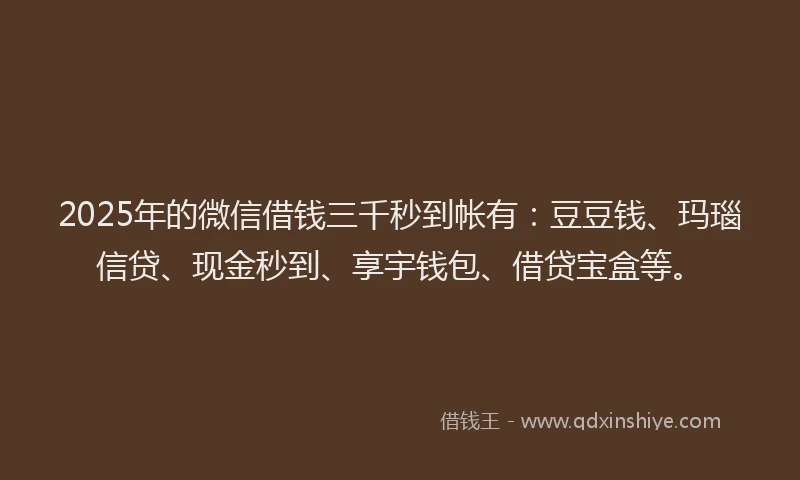 2025年的微信借钱三千秒到帐有：豆豆钱、玛瑙信贷、现金秒到、享宇钱包、借贷宝盒等。