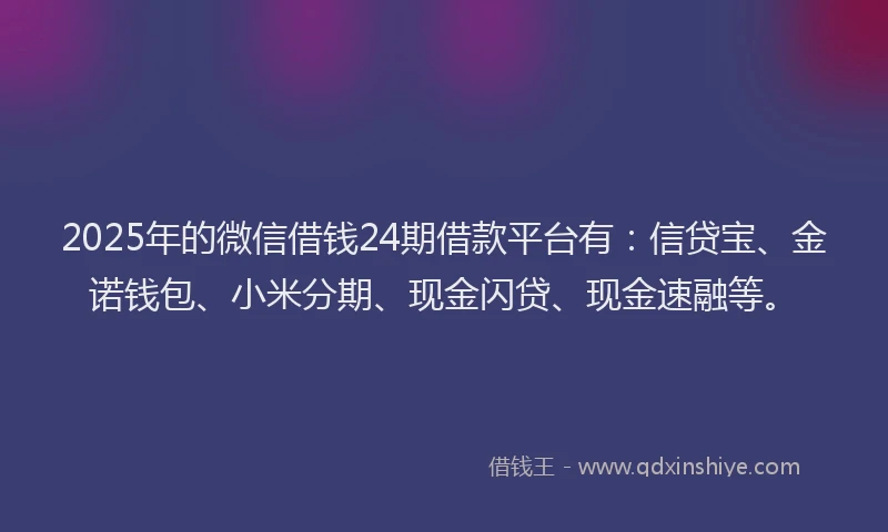 2025年的微信借钱24期借款平台有：信贷宝、金诺钱包、小米分期、现金闪贷、现金速融等。