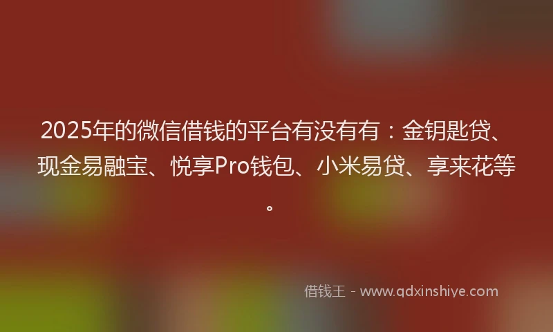 2025年的微信借钱的平台有没有有：金钥匙贷、现金易融宝、悦享Pro钱包、小米易贷、享来花等。