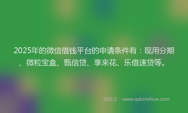 2025年的微信借钱平台的申请条件有：现用分期、微粒宝盒、甄信贷、享来花、乐借速贷等。