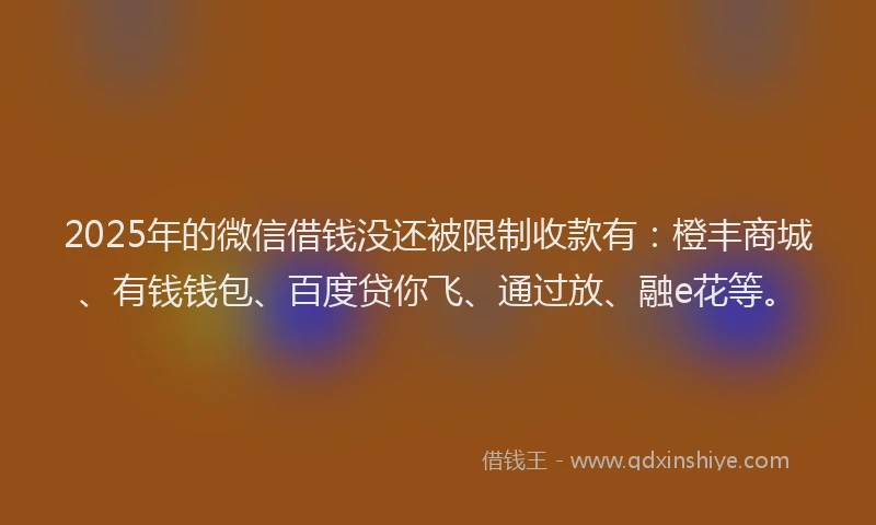 2025年的微信借钱没还被限制收款有：橙丰商城、有钱钱包、百度贷你飞、通过放、融e花等。