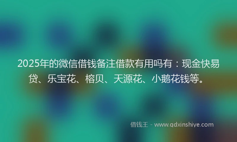 2025年的微信借钱备注借款有用吗有：现金快易贷、乐宝花、榕贝、天源花、小鹅花钱等。