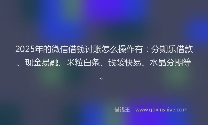 2025年的微信借钱讨账怎么操作有：分期乐借款、现金易融、米粒白条、钱袋快易、水晶分期等。