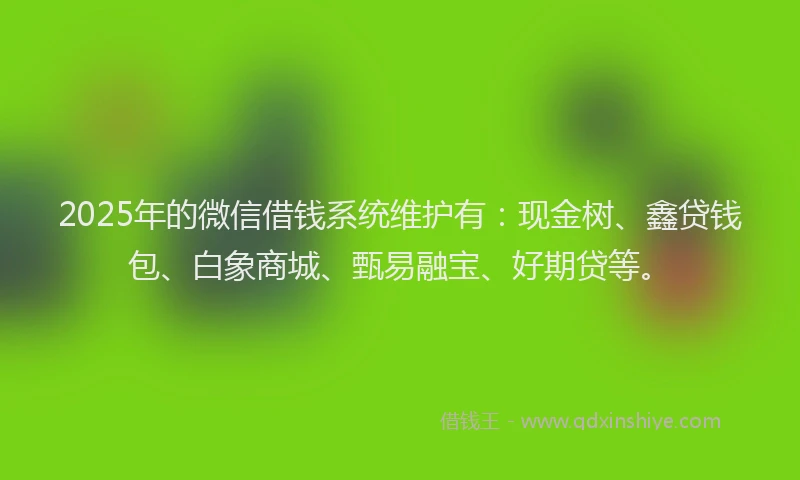 2025年的微信借钱系统维护有：现金树、鑫贷钱包、白象商城、甄易融宝、好期贷等。
