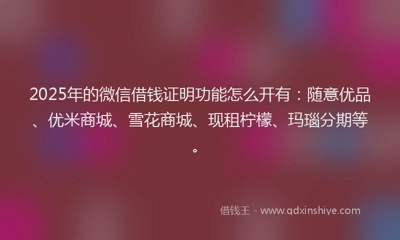2025年的微信借钱证明功能怎么开有：随意优品、优米商城、雪花商城、现租柠檬、玛瑙分期等。