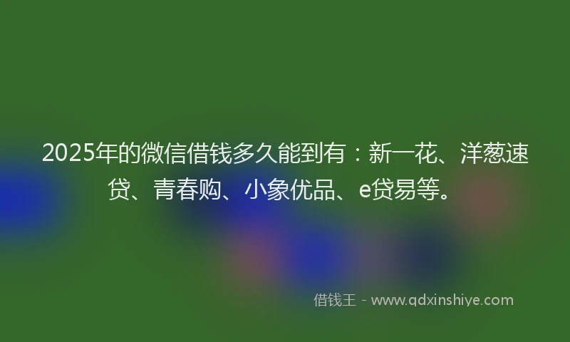 2025年的微信借钱多久能到有：新一花、洋葱速贷、青春购、小象优品、e贷易等。