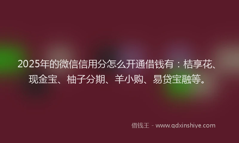 2025年的微信信用分怎么开通借钱有：桔享花、现金宝、柚子分期、羊小购、易贷宝融等。