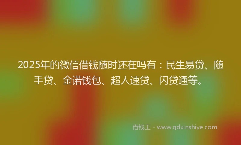 2025年的微信借钱随时还在吗有：民生易贷、随手贷、金诺钱包、超人速贷、闪贷通等。