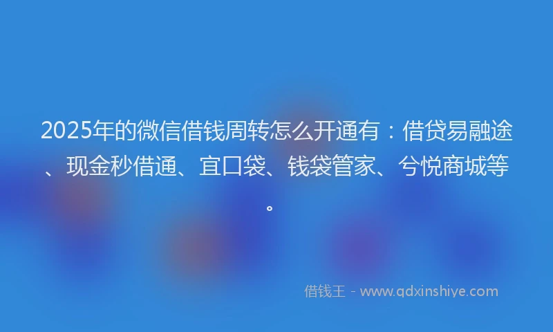 2025年的微信借钱周转怎么开通有：借贷易融途、现金秒借通、宜口袋、钱袋管家、兮悦商城等。