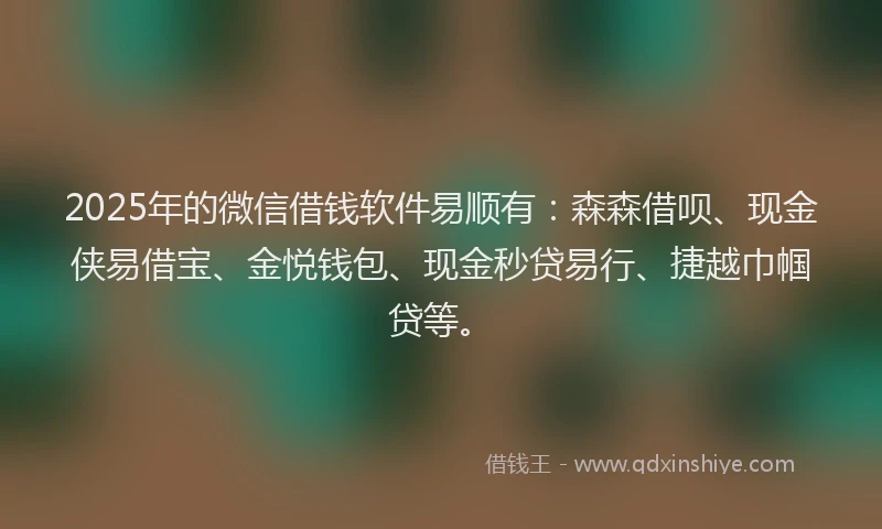2025年的微信借钱软件易顺有：森森借呗、现金侠易借宝、金悦钱包、现金秒贷易行、捷越巾帼贷等。