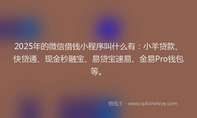 2025年的微信借钱小程序叫什么有：小羊贷款、快贷通、现金秒融宝、易贷宝速易、金易Pro钱包等。