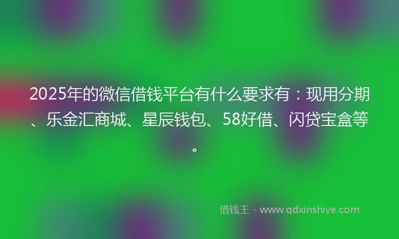 2025年的微信借钱平台有什么要求有：现用分期、乐金汇商城、星辰钱包、58好借、闪贷宝盒等。