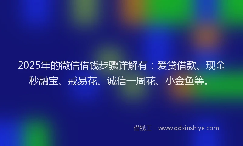 2025年的微信借钱步骤详解有：爱贷借款、现金秒融宝、戒易花、诚信一周花、小金鱼等。