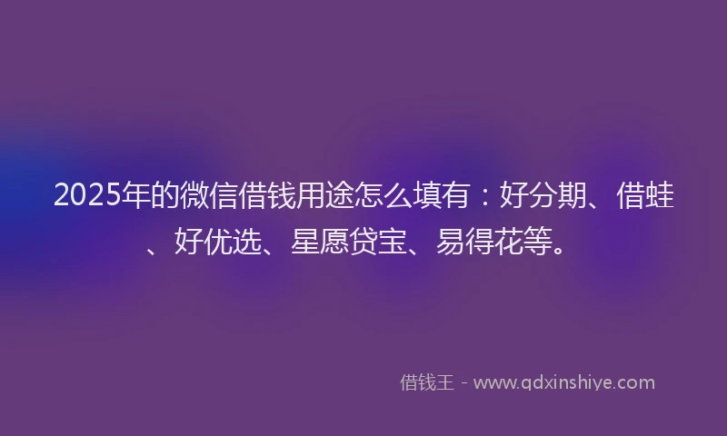 2025年的微信借钱用途怎么填有：好分期、借蛙、好优选、星愿贷宝、易得花等。