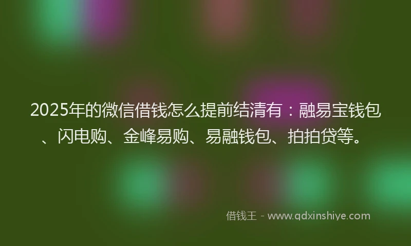 2025年的微信借钱怎么提前结清有：融易宝钱包、闪电购、金峰易购、易融钱包、拍拍贷等。