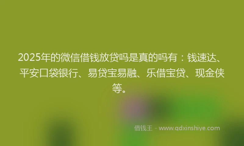 2025年的微信借钱放贷吗是真的吗有：钱速达、平安口袋银行、易贷宝易融、乐借宝贷、现金侠等。